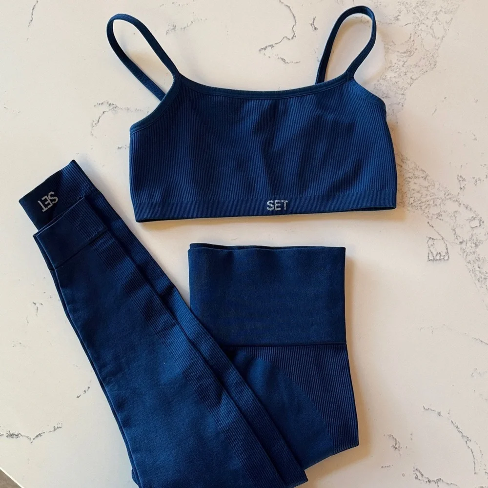 SET Active Navy Ribbed Seamless Leggings & Sports Bra Set - Picture 1 of 8